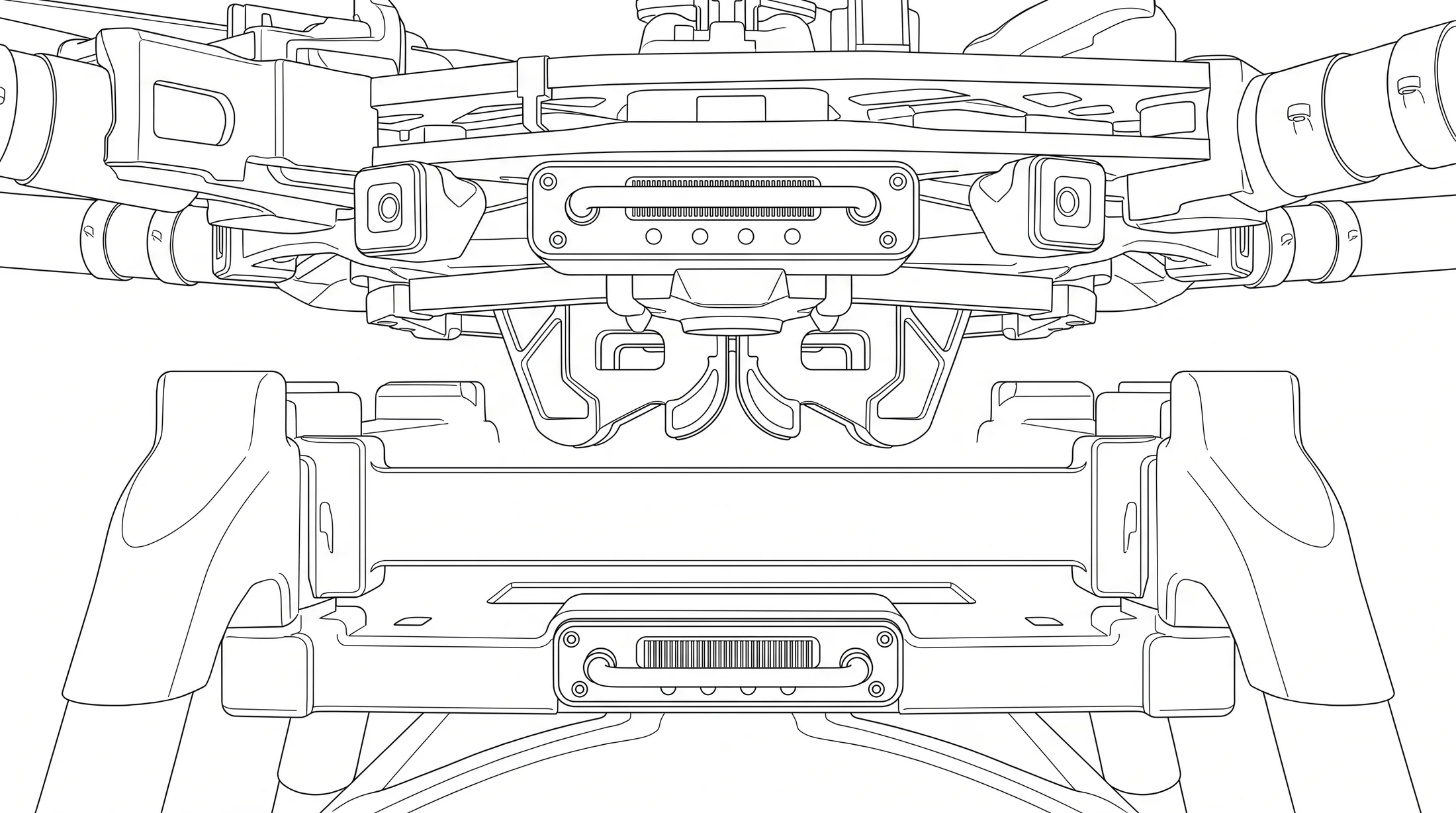 Technical blueprint close-up of the docking connector between the drone chassis and an attachment module