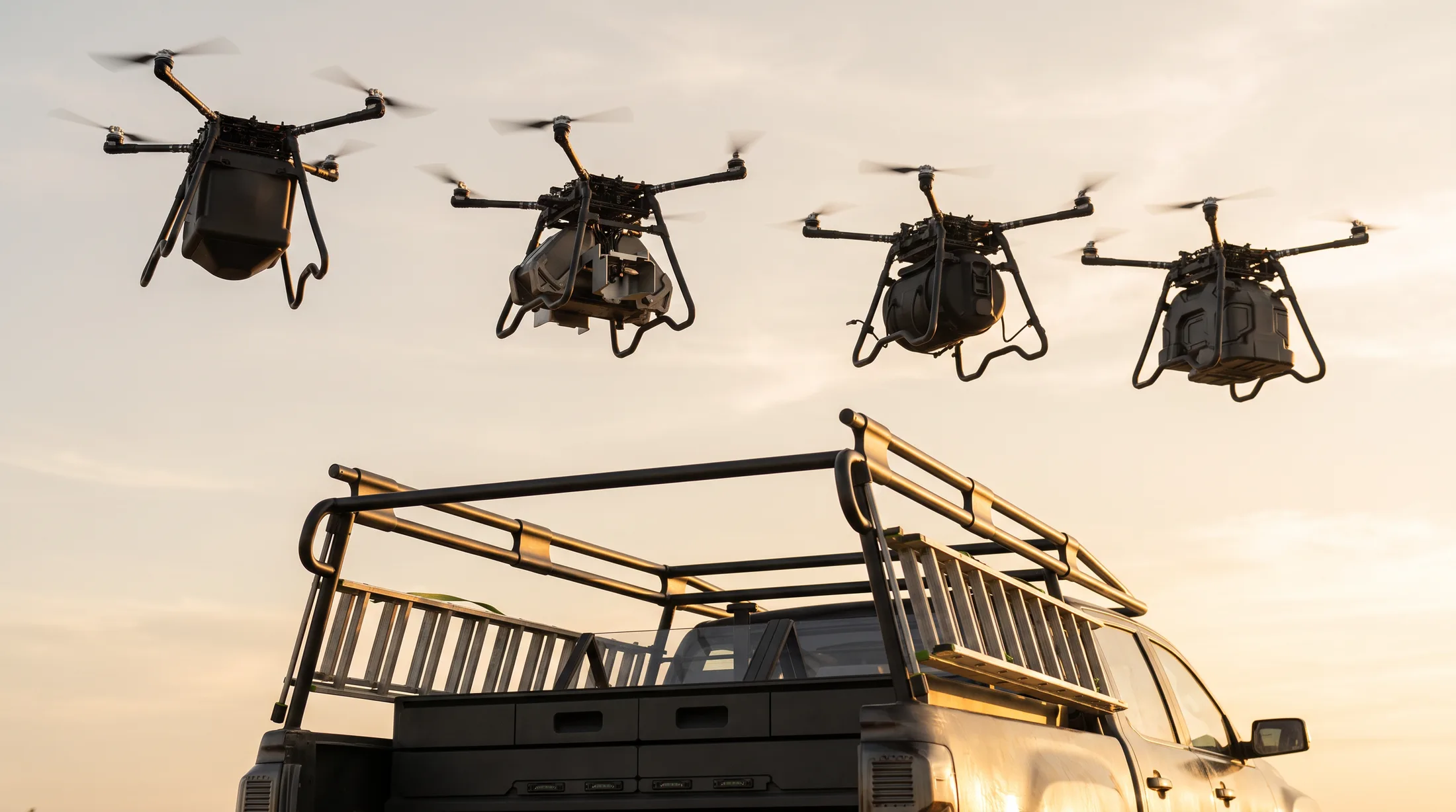Four drones in flight above a pickup truck at sunset
