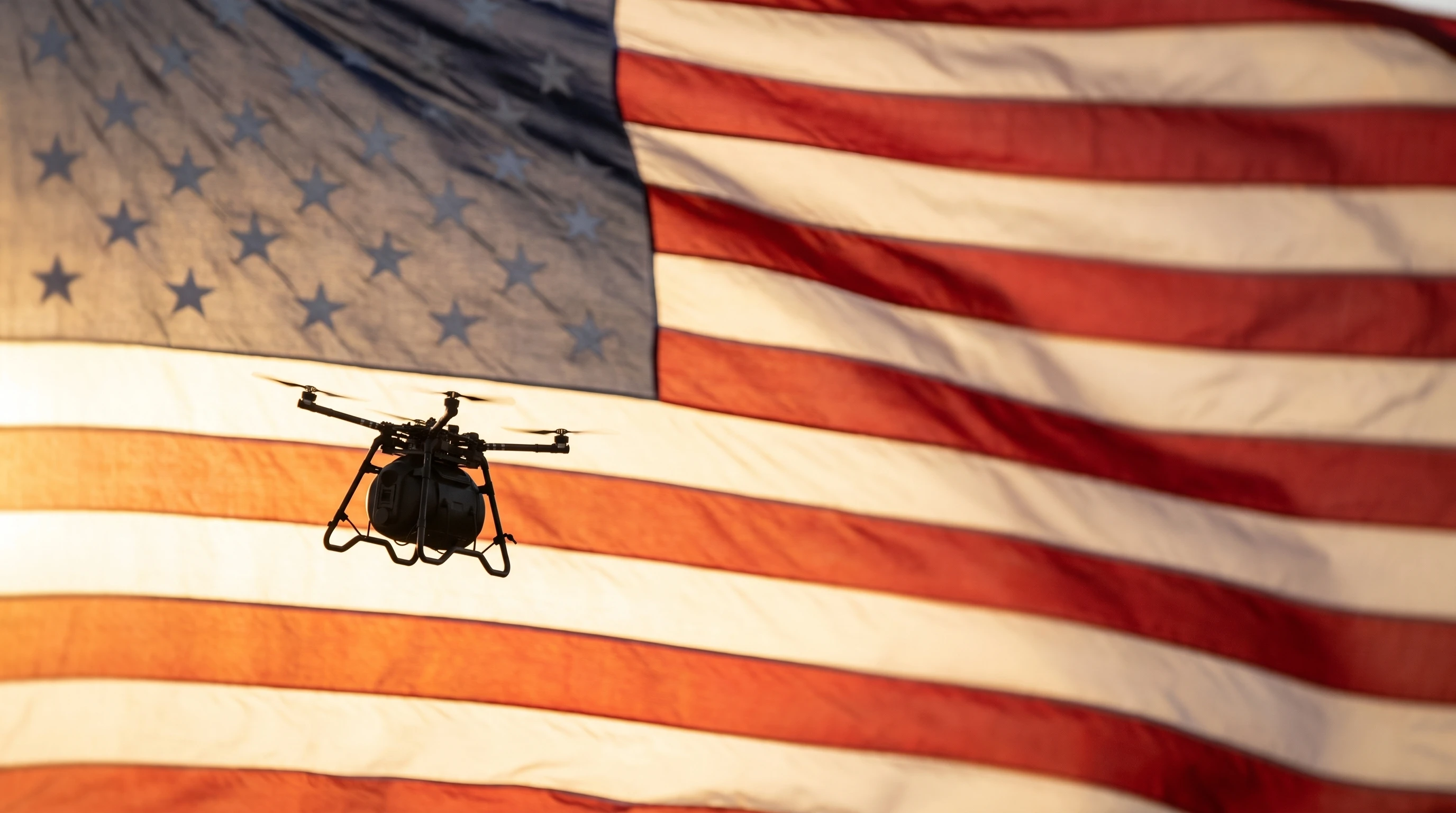 Silhouette of a drone in flight against a backlit American flag