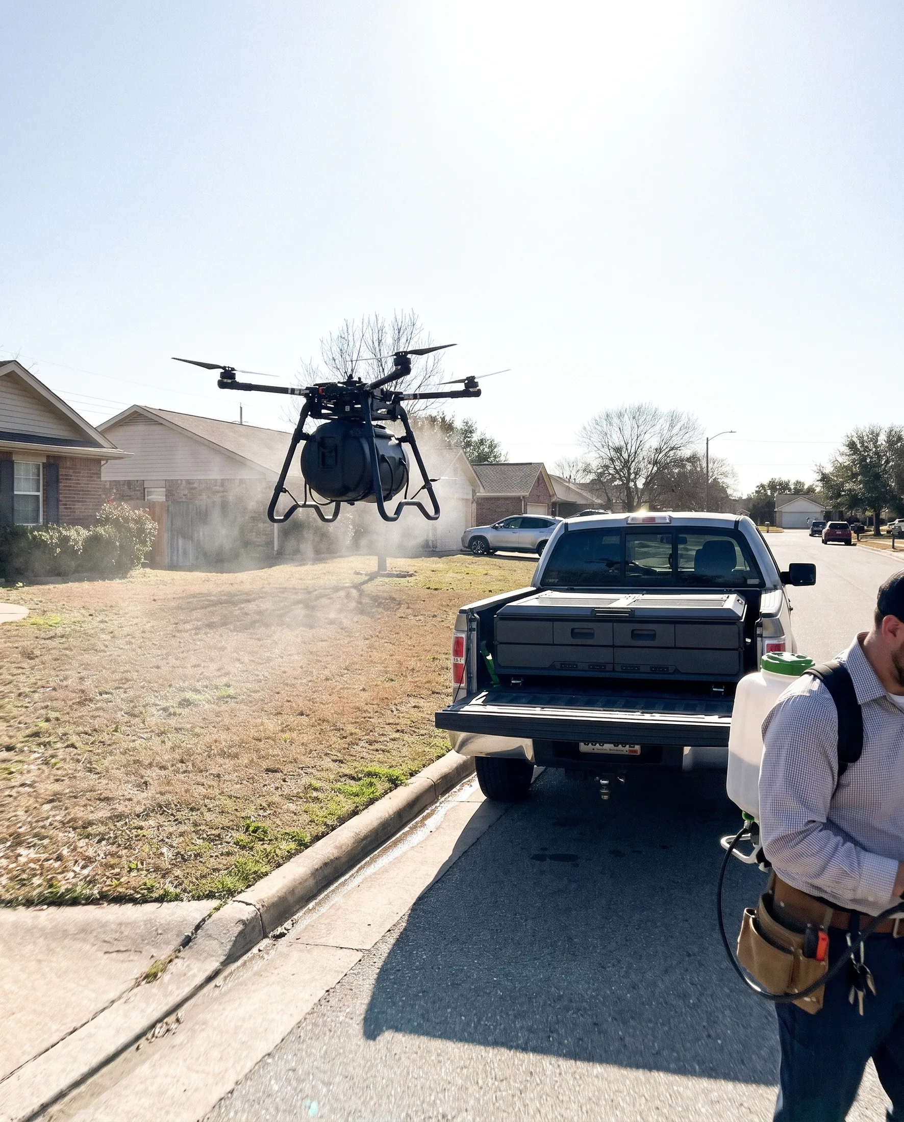 Fogger on route, a pest control technician working the perimeter of a property