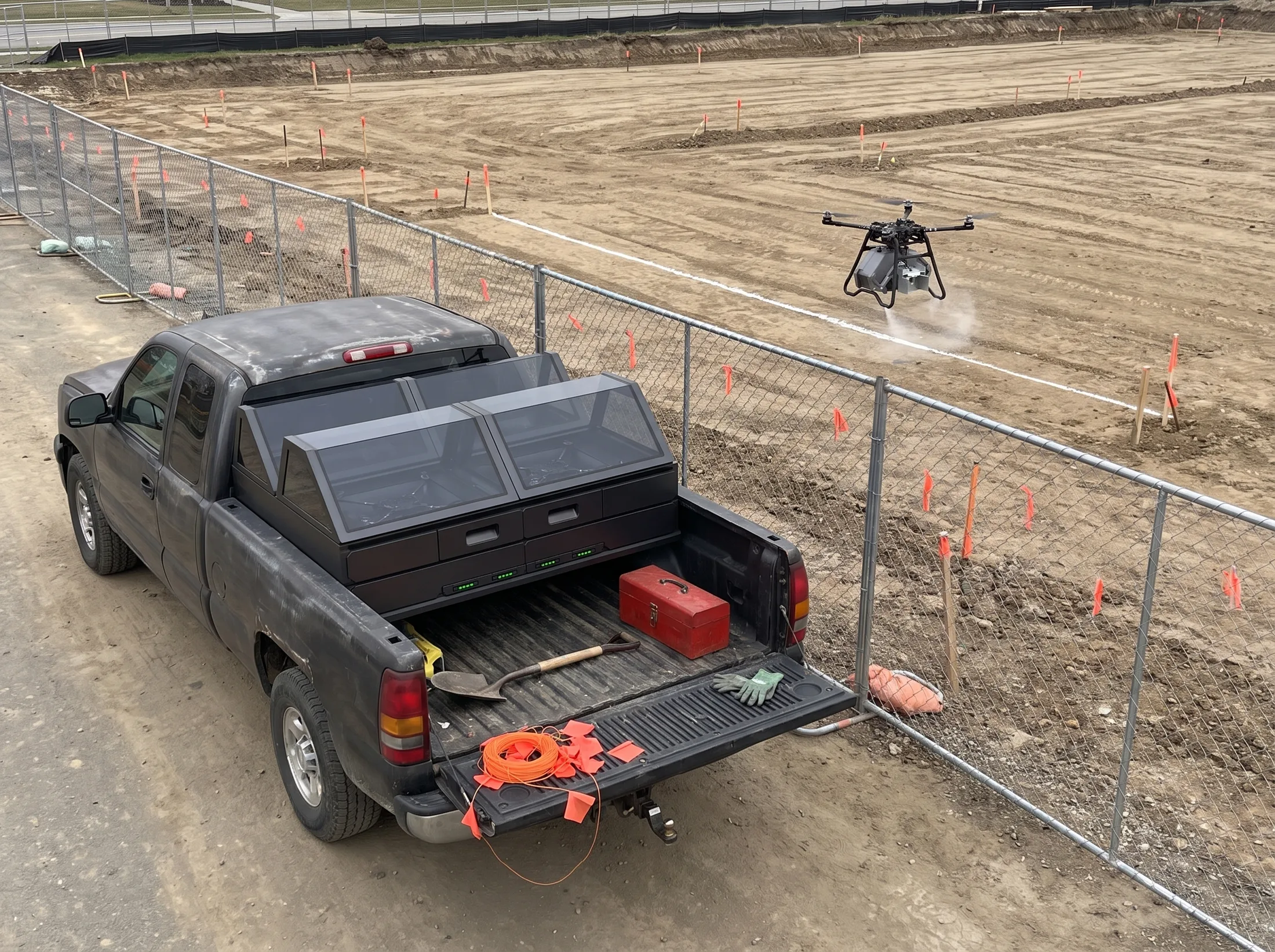 Base station mounted in a pickup truck bed at a construction site’s edge, Paint Striper-equipped drone over a staked-out zone