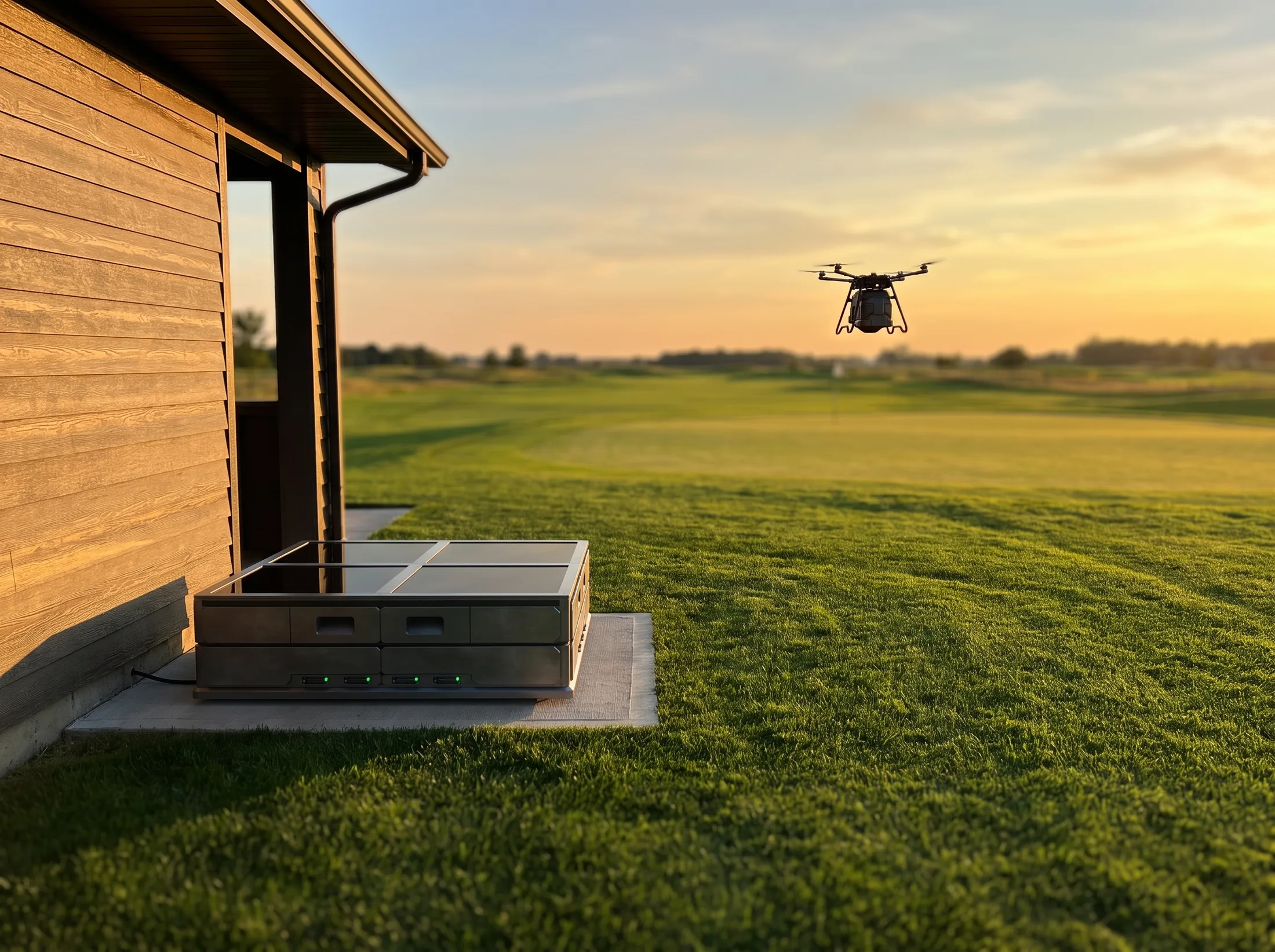 Base station installed against a clubhouse exterior wall, Granulator-equipped drone working a distant hole