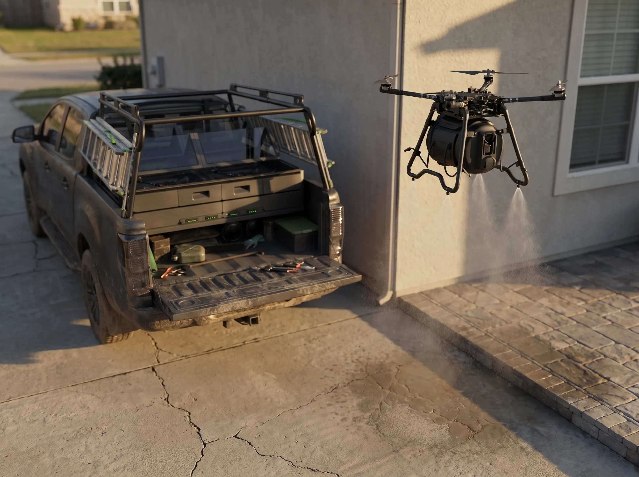 Base station mounted in a pickup truck bed in a driveway, Sprayer-equipped drone applying liquid across the property
