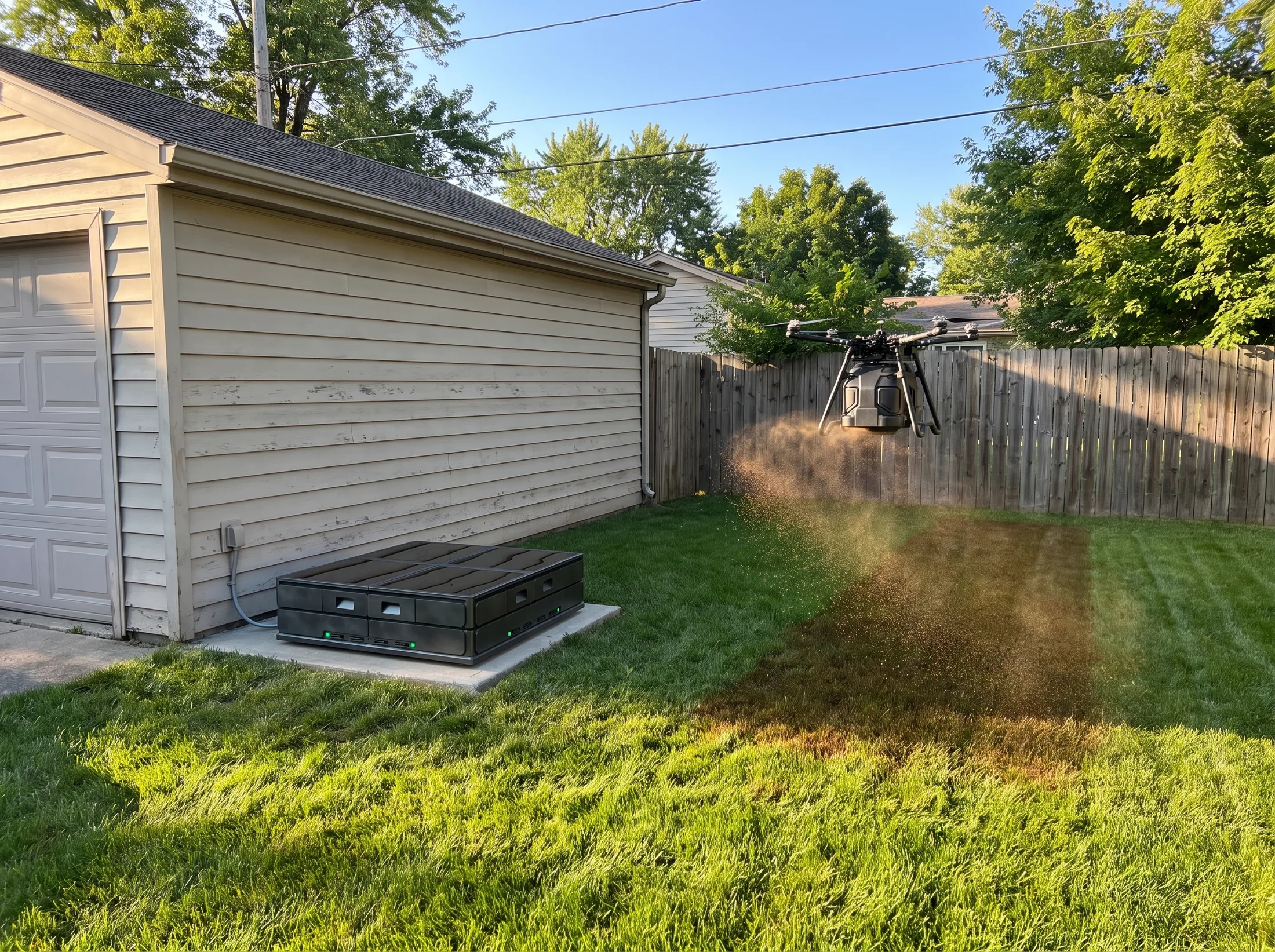 Base station installed against a garage exterior wall, Granulator-equipped drone spreading over a nearby lawn