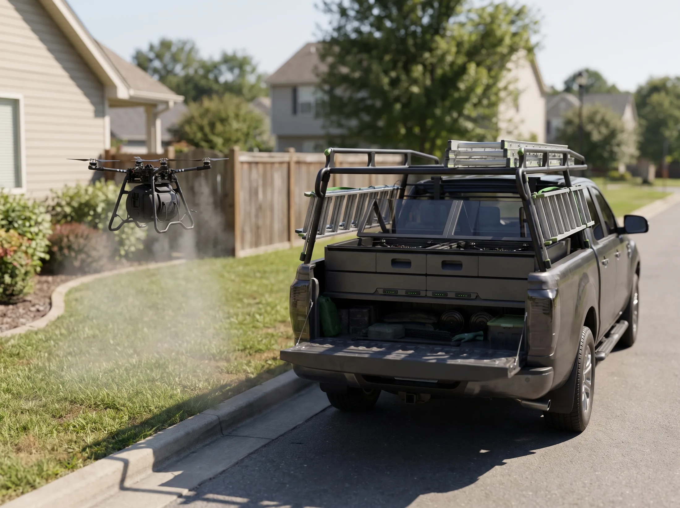 Base station mounted in a pickup truck bed on a residential street, Fogger-equipped drone mid-flight over a yard perimeter