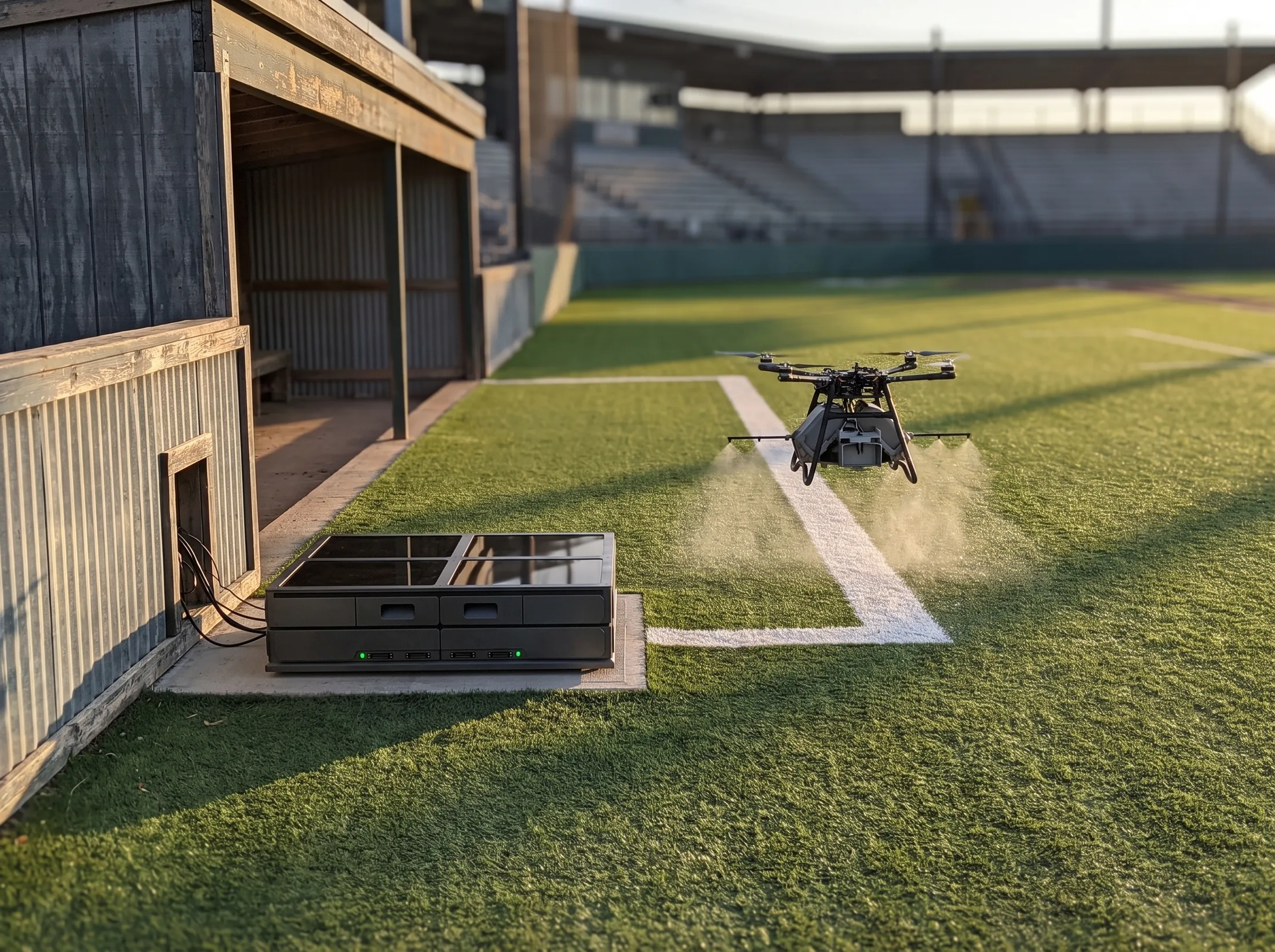 Base station installed against a dugout wall at the field’s edge, Paint Striper-equipped drone mid-flight over a freshly striped field