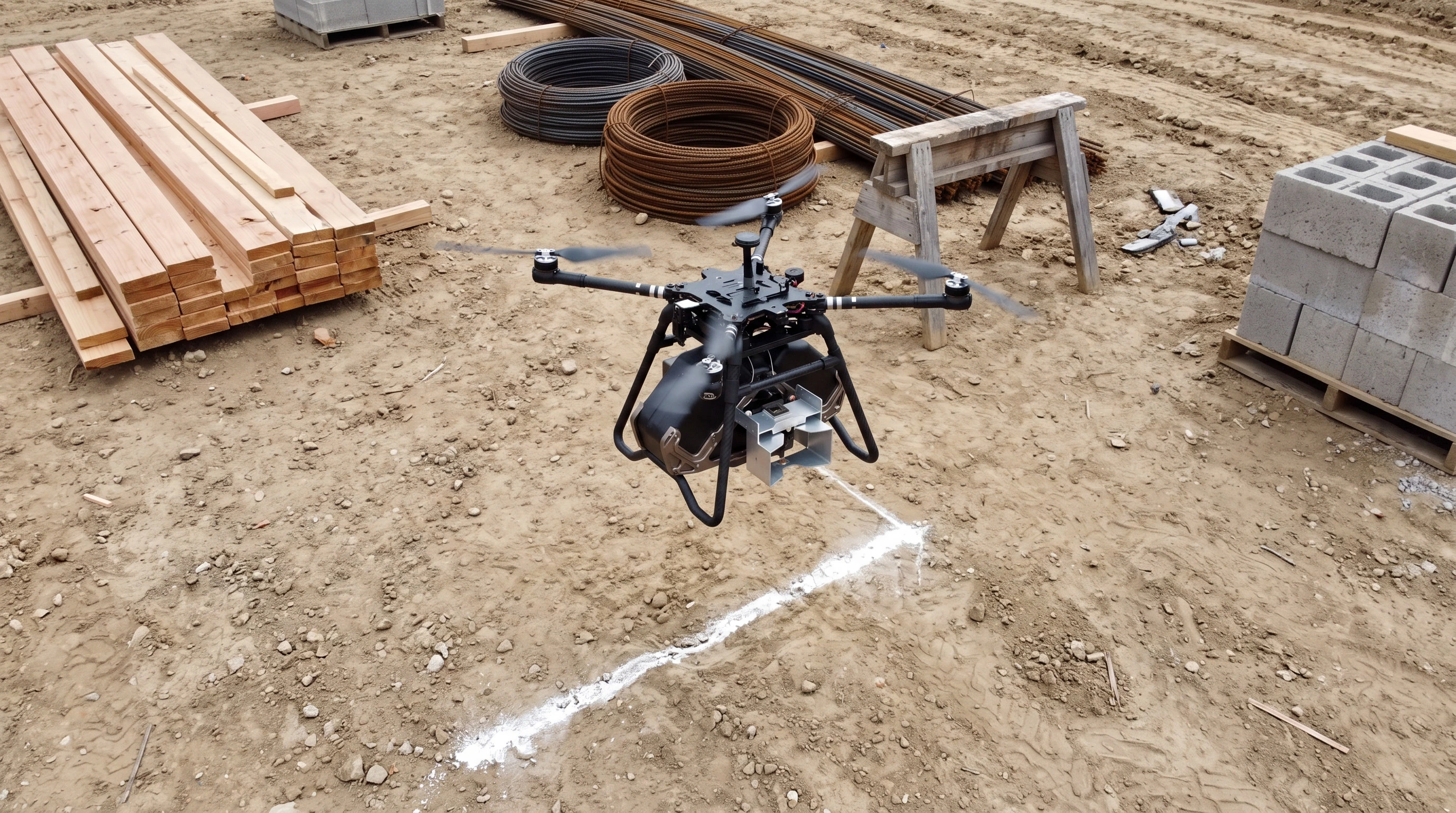 Paint Striper-equipped drone laying a layout line on a raw dirt building pad, lumber and rebar staged nearby