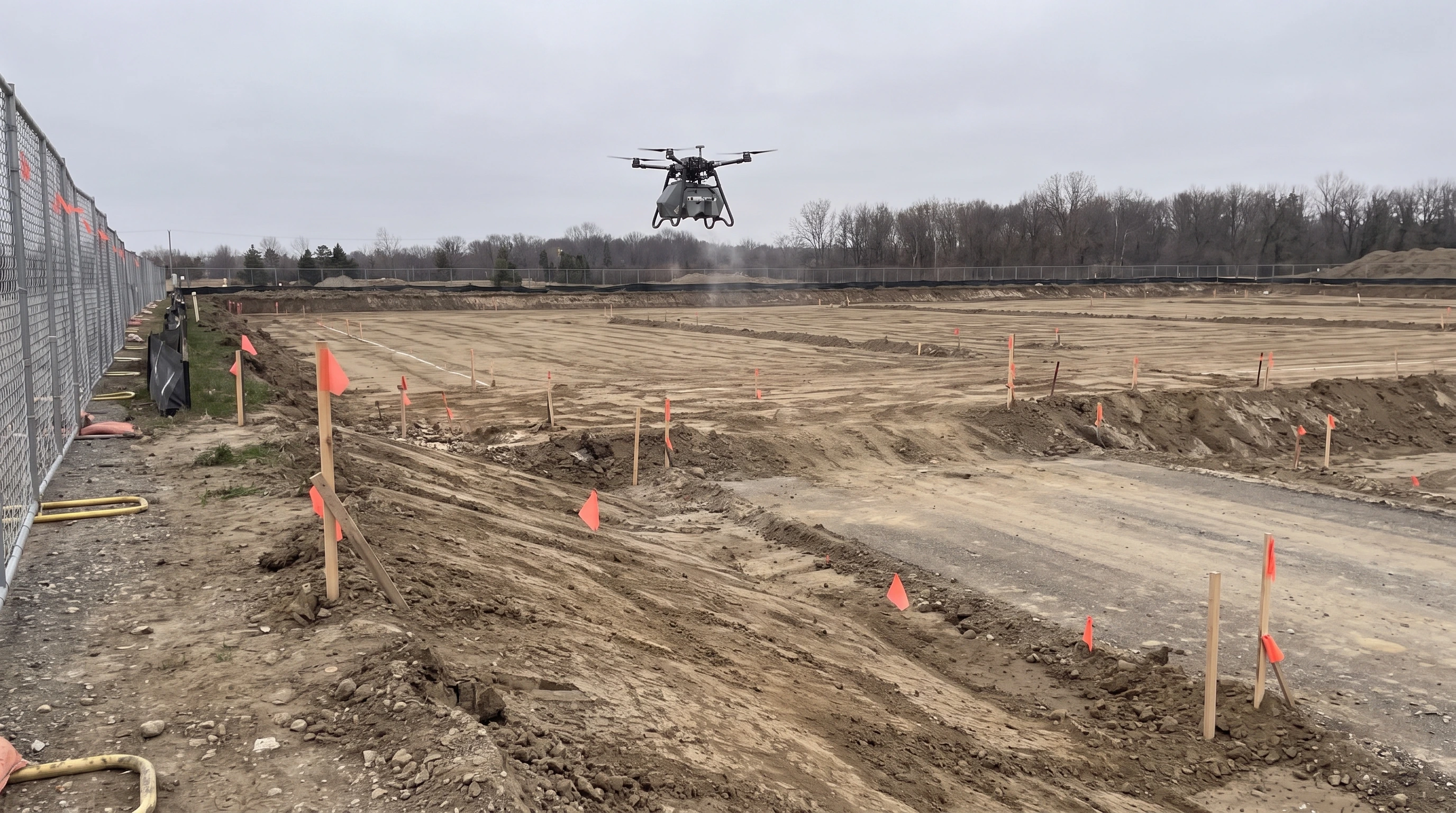 Drone in flight over a fenced construction site, staked and flagged for grading