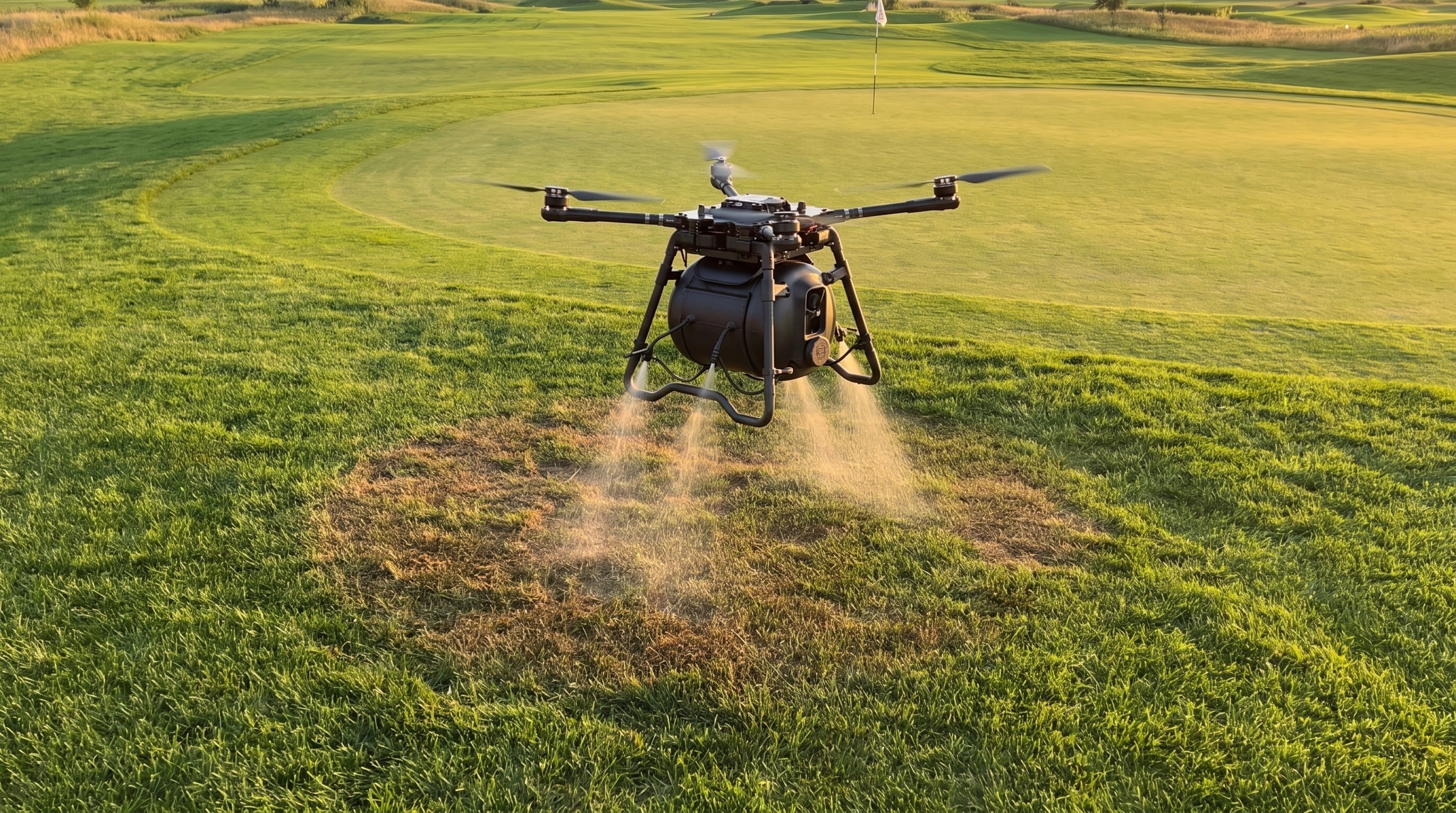 Sprayer-equipped drone hovering over a golf green, treating a single patch of grass near the flag