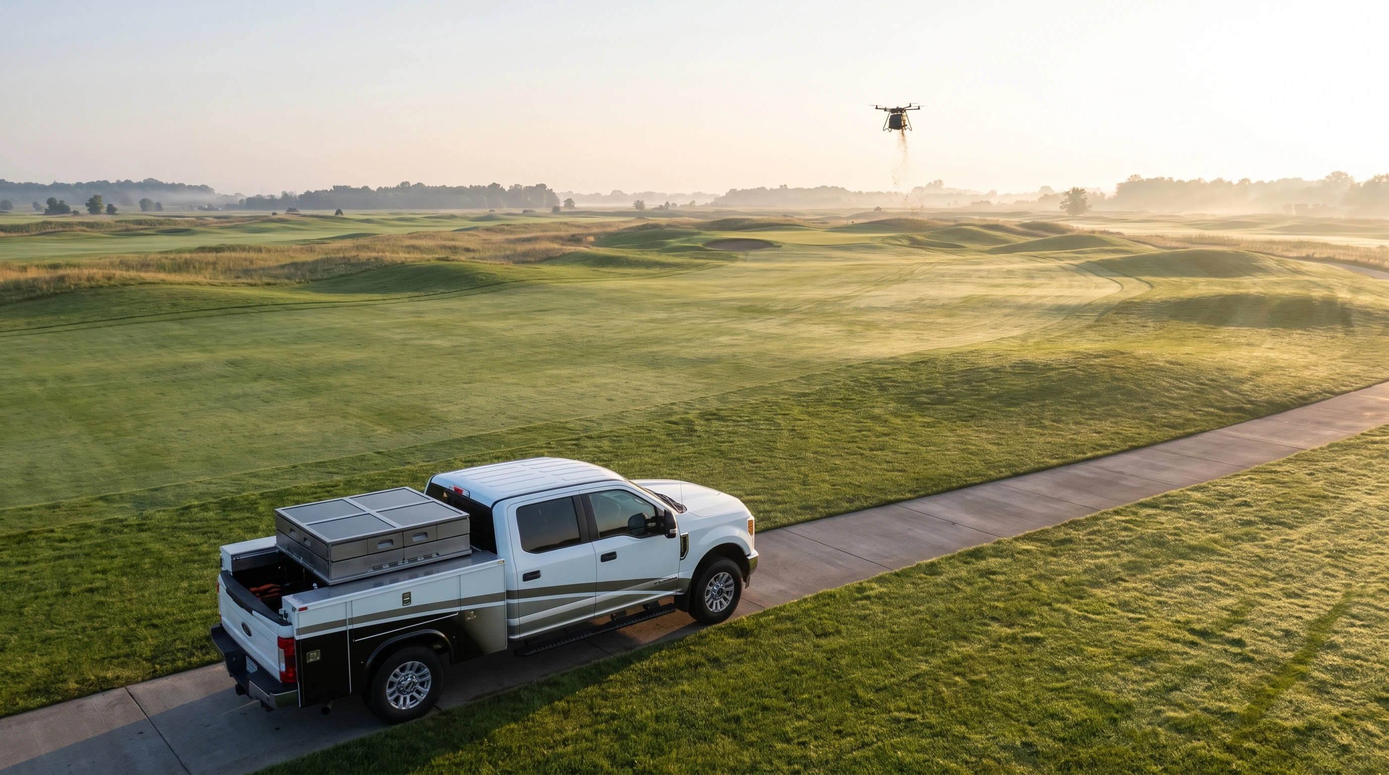 Grounds crew truck parked on a cart path at sunrise, aircraft in flight over a misty fairway in the distance
