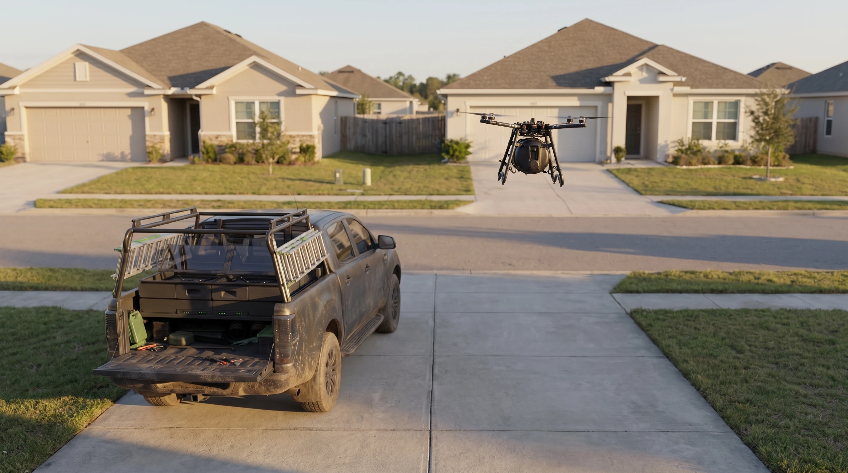 Service truck parked in a driveway, Sprayer-equipped drone hovering over the property