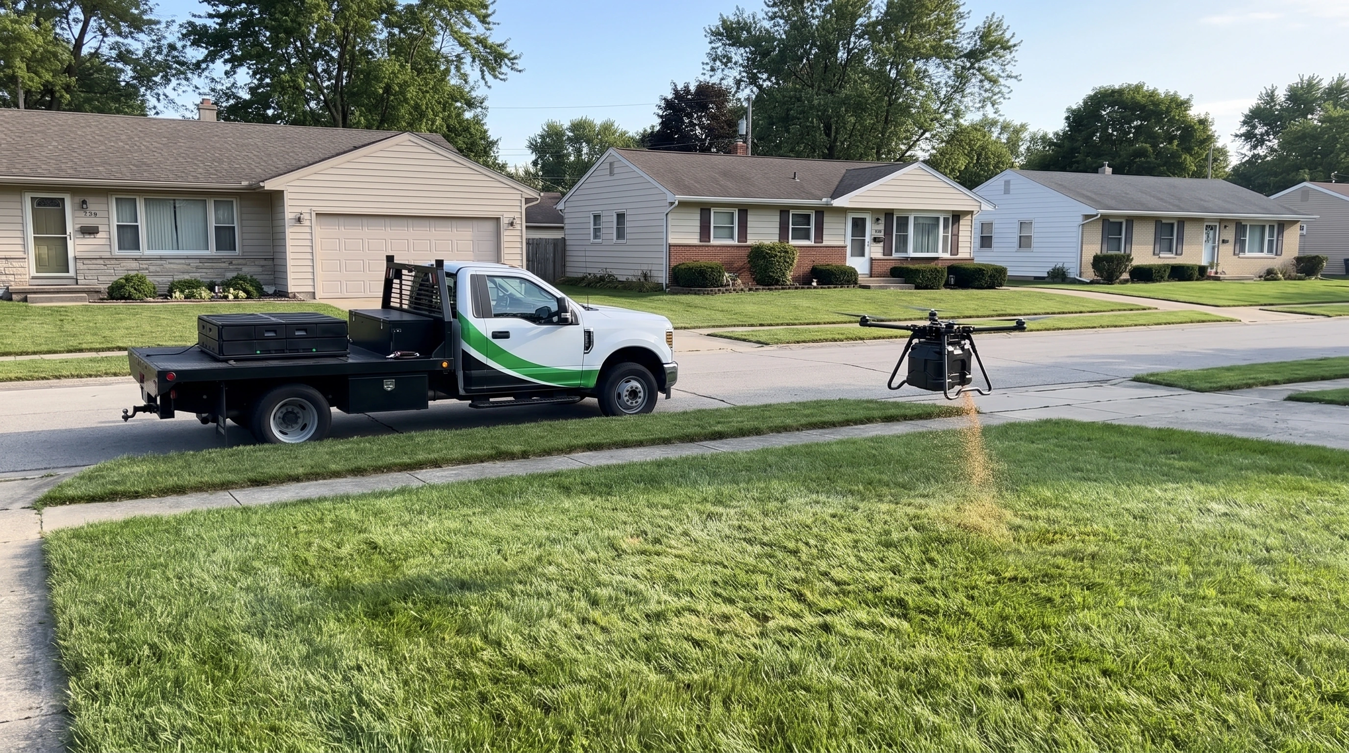 Fleet Dynamics branded truck parked on a residential street, Granulator-equipped drone spreading over a front yard