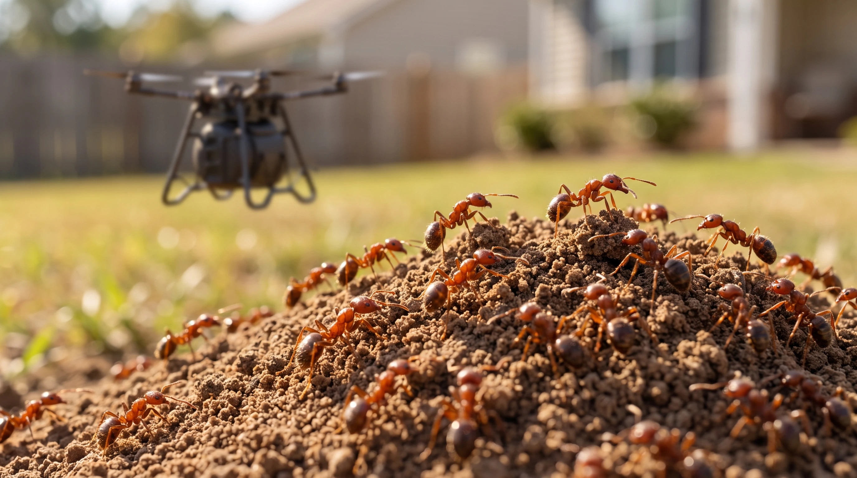 Macro shot of a fire ant mound with a Fogger-equipped drone hovering in the yard behind it