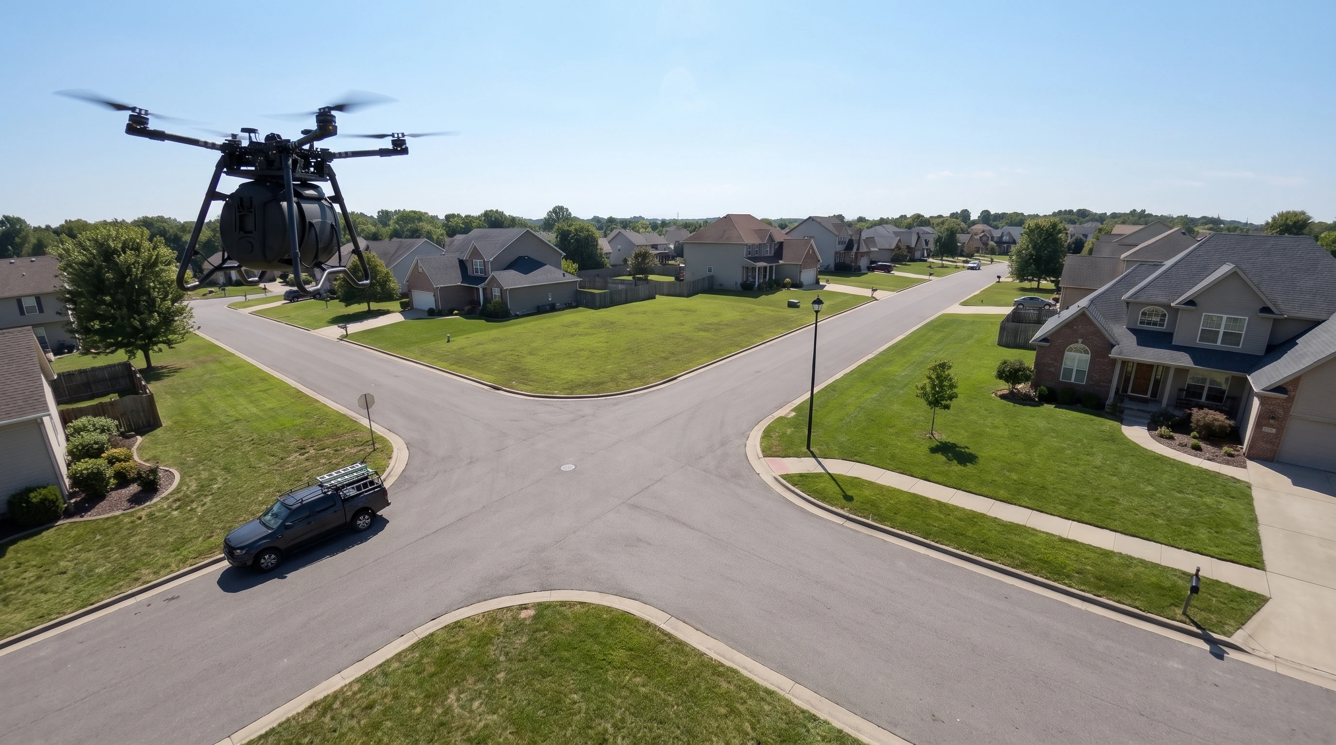 Aerial view of a residential street intersection, Fogger-equipped drone in flight over a parked service truck