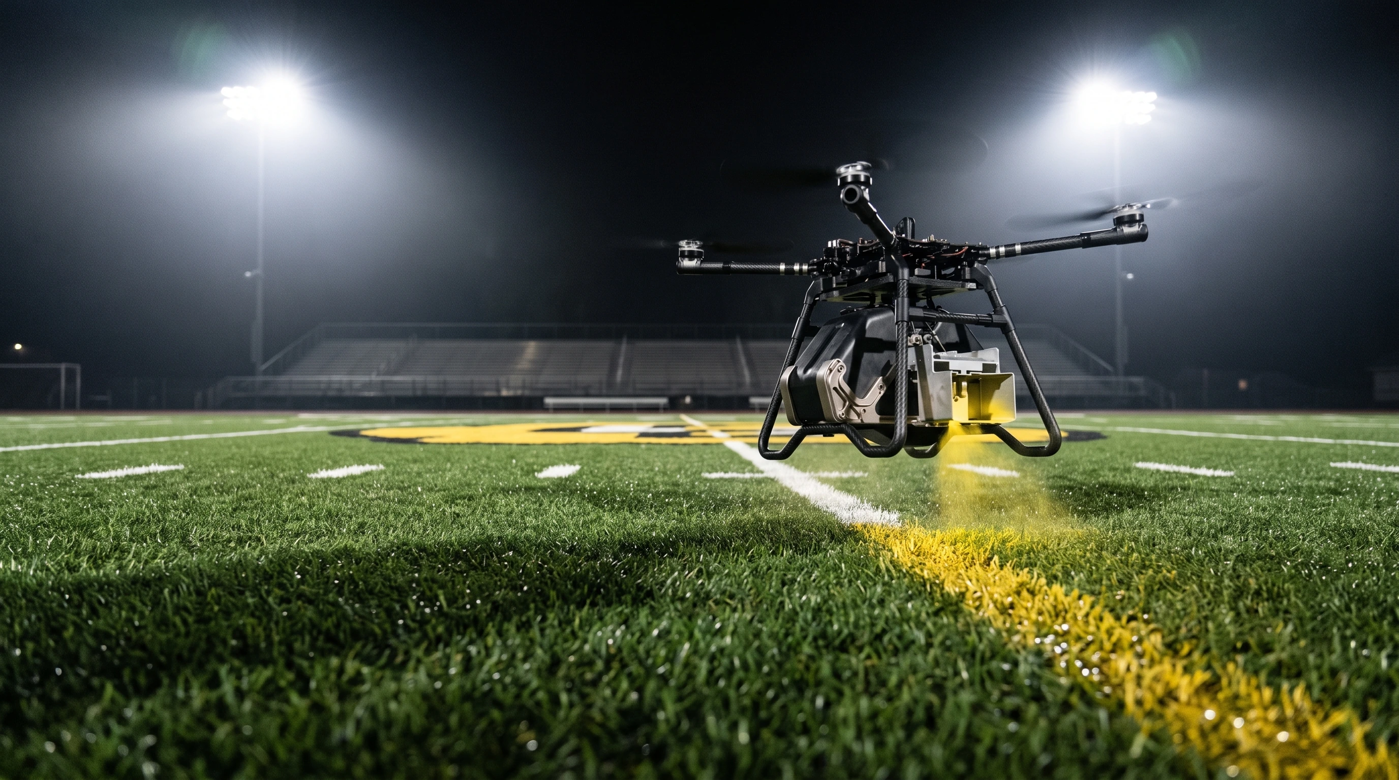 Paint Striper-equipped drone laying a fresh yellow line under stadium lights at night, beside the field’s existing white yard lines