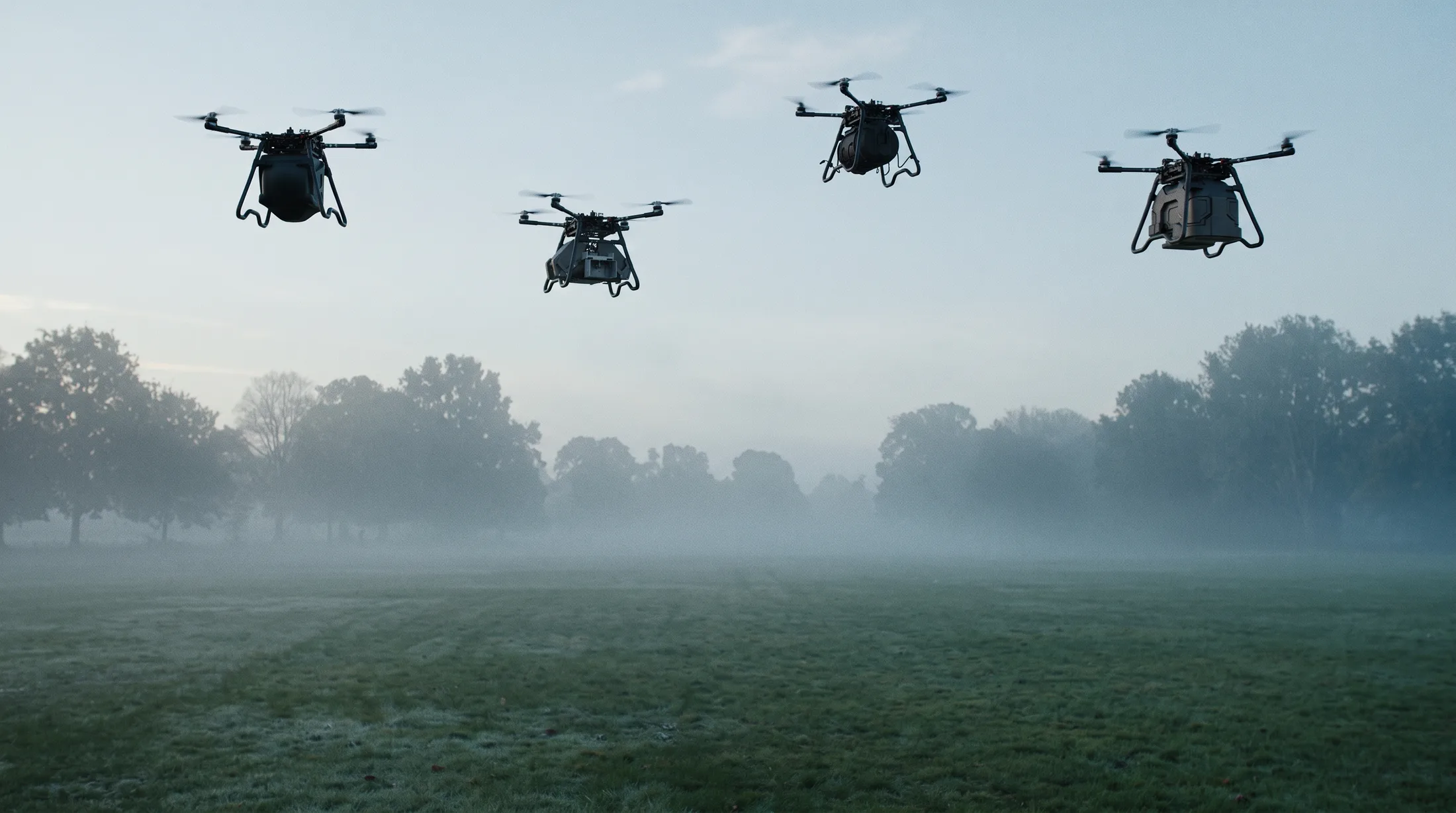A formation of four drones in flight over a misty field