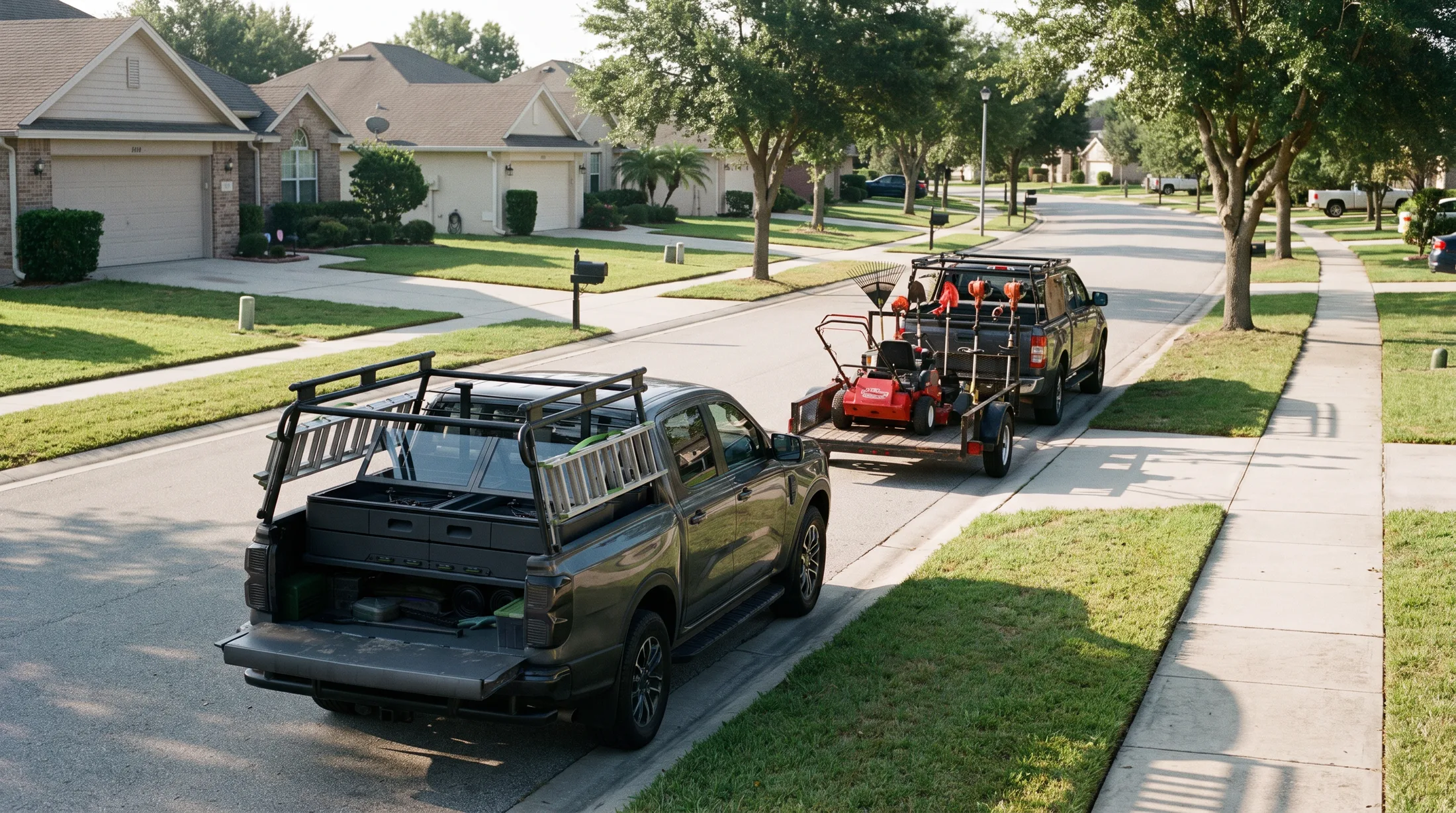 A lawn-care crew truck and trailer, loaded with a mower and equipment, parked on a residential street