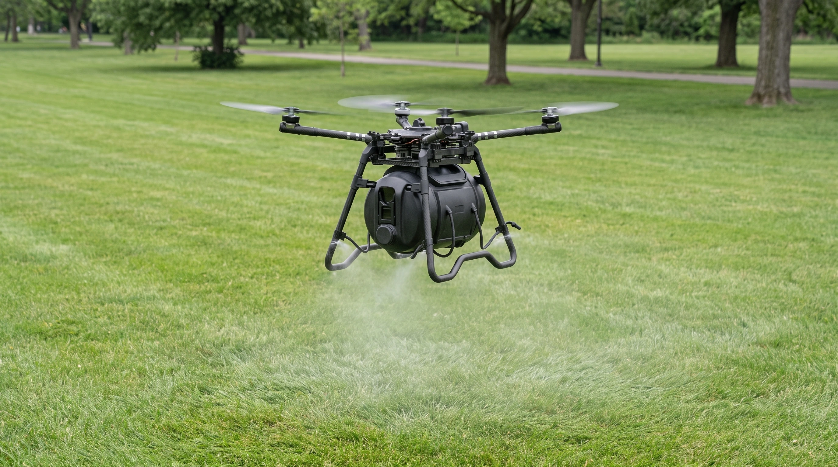 Drone with Liquid Sprayer attachment misting a park lawn, rotor downwash visible in the grass