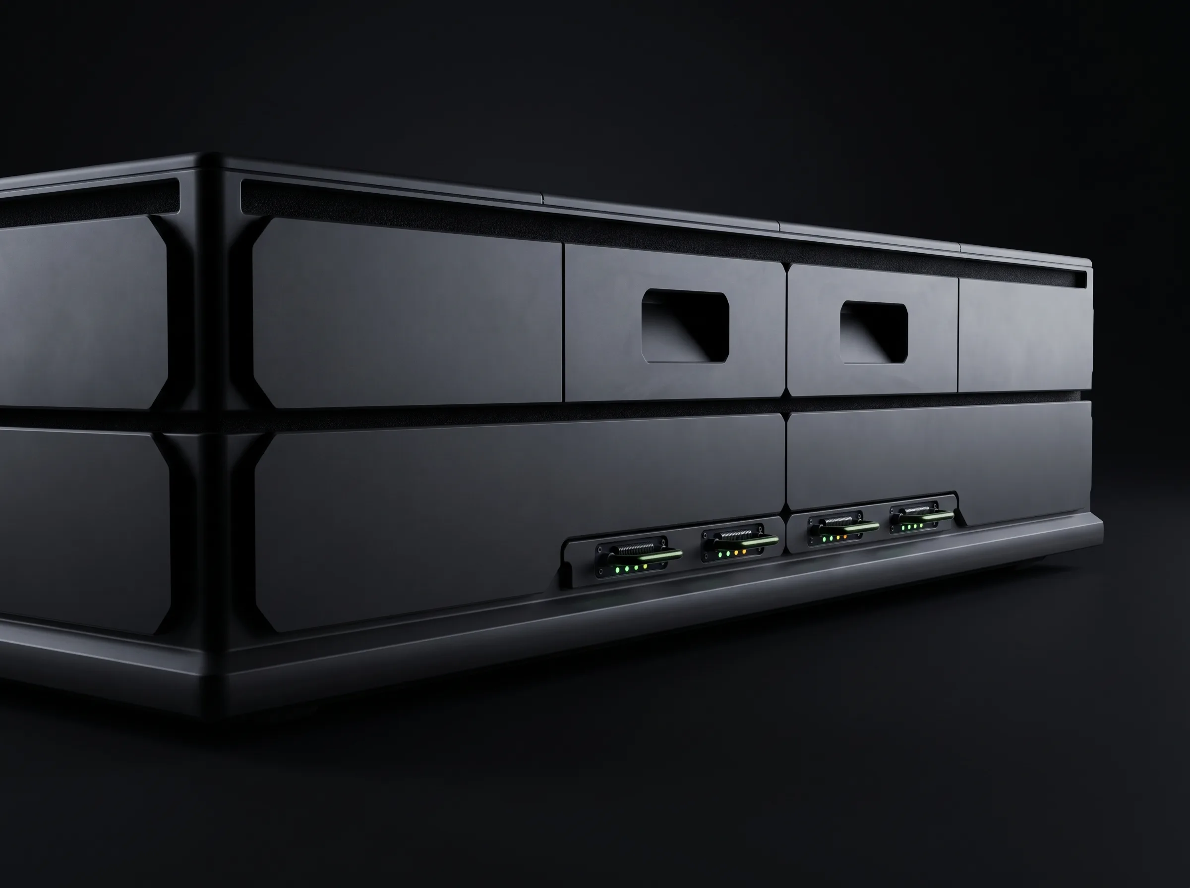 Base station charge bays with connector indicator lights lit, angled detail view