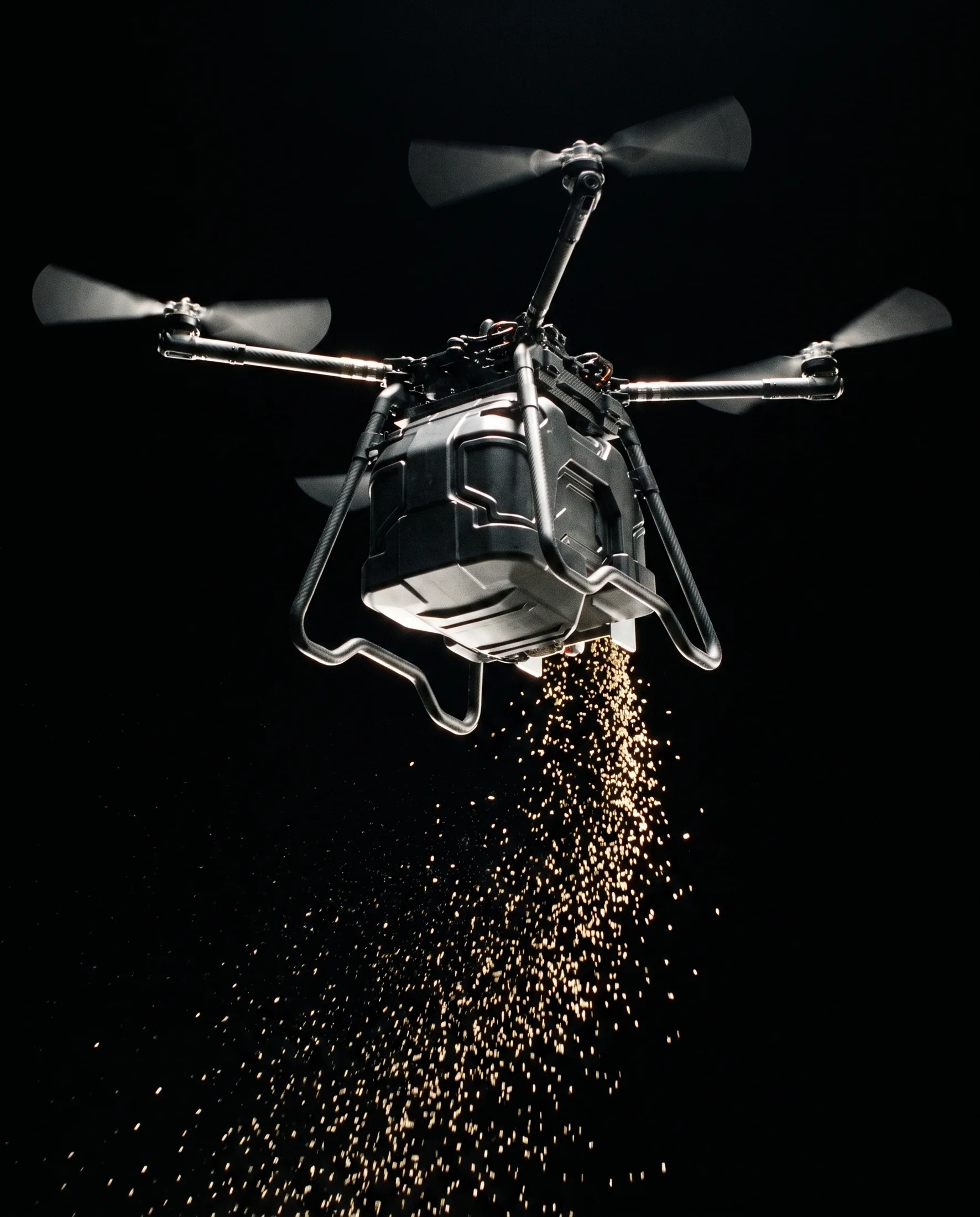 Granulator-equipped drone in flight