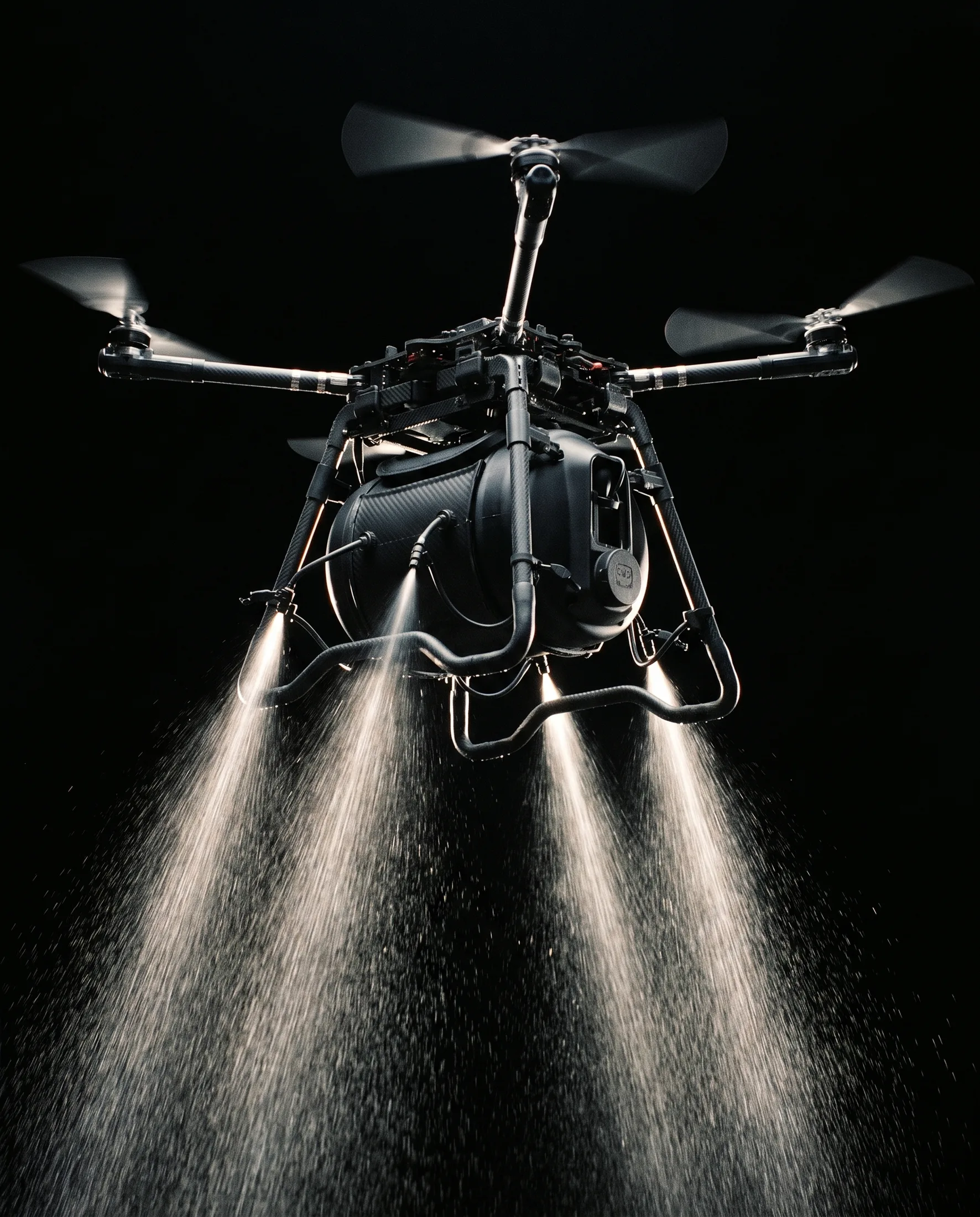 Sprayer-equipped drone in flight